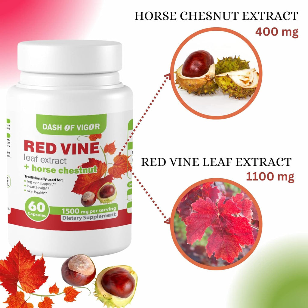 Dash of Vigor Extracto de Hoja de Vid Roja (Vitis Vinifera) y Castaño de Indias, 1500 mg, 60 Cápsulas