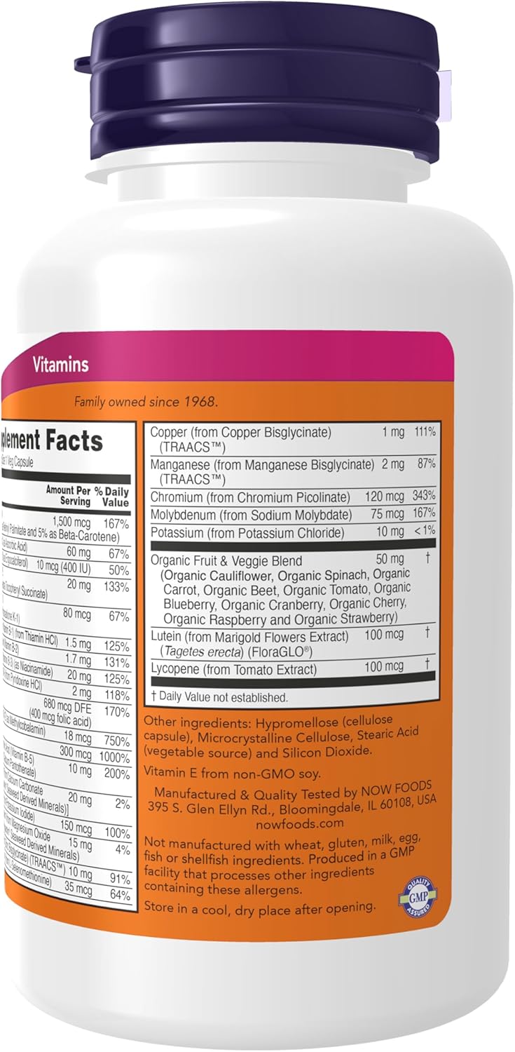 Now Foods Daily Vits con Mezcla de Frutas y Verduras, Luteína y Licopeno, 120 Cápsulas Vegetales
