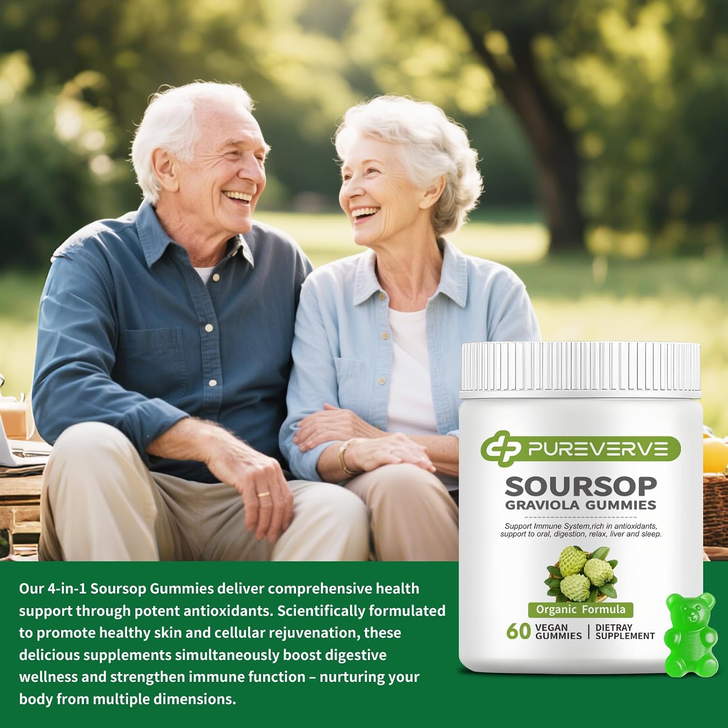Pureverve Gominolas de Graviola Soursop - Extracto de Hojas con Musgo Marino y Zinc - Sin Azúcar, Vegano - 60 unidades