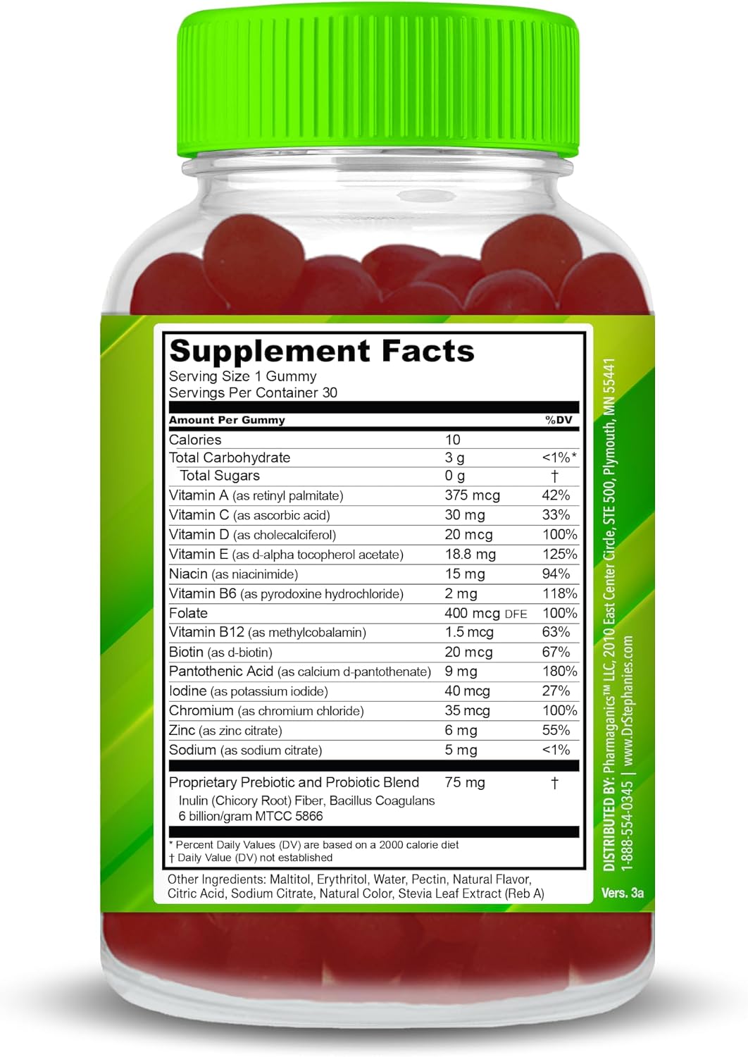 Gominolas Multivitamínicas Sin Azúcar con Prebióticos y Probióticos - Apoyo Diario para Ojos, Riñones, Hígado, Corazón y Digestión - Sabor a Bayas Mixtas - Dr. Stephanie's