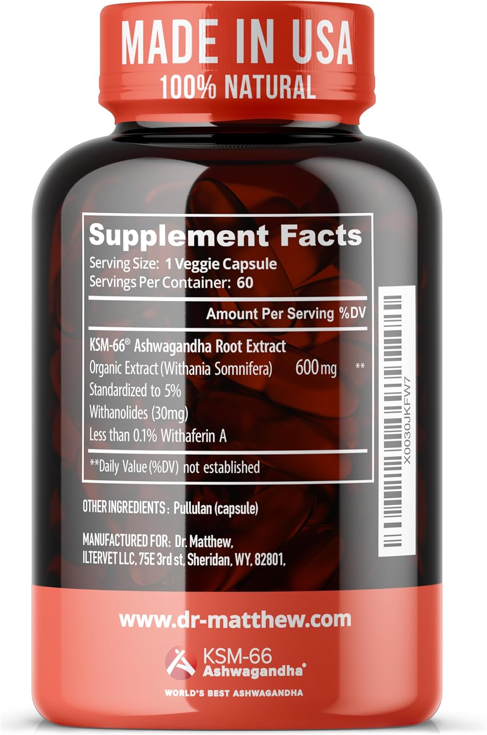 Ashwagandha KSM-66 Orgánica – 600mg por Cápsula, Extracto de Raíz Completo (60 Cápsulas)