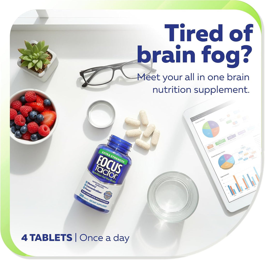 Focus Factor Adults Extra Strength, 120 Comprimidos - Suplemento para la Memoria, Concentración y Enfoque - Multivitamínico Completo con DMAE, Vitamina D, DHA