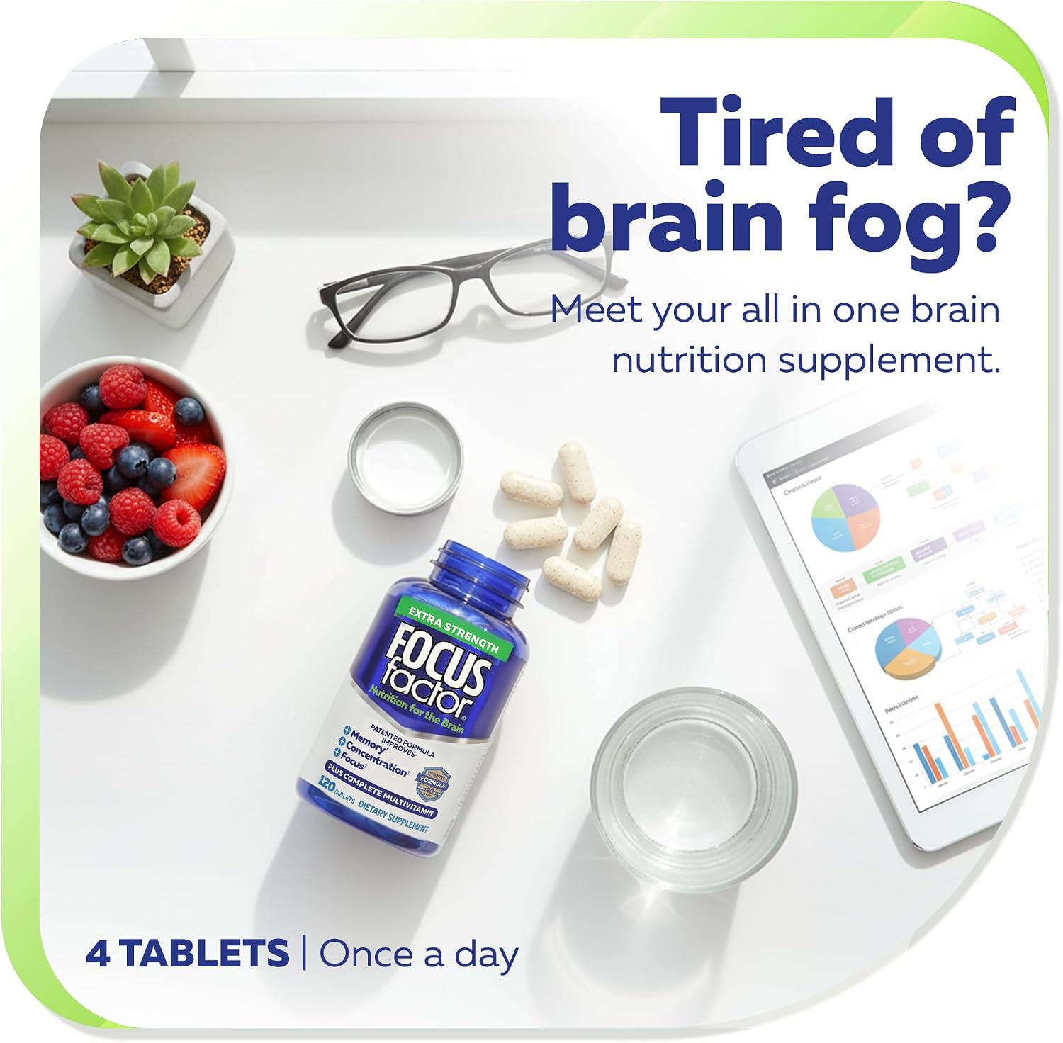 Focus Factor Adults Extra Strength, 120 Comprimidos - Suplemento para la Memoria, Concentración y Enfoque - Multivitamínico Completo con DMAE, Vitamina D, DHA