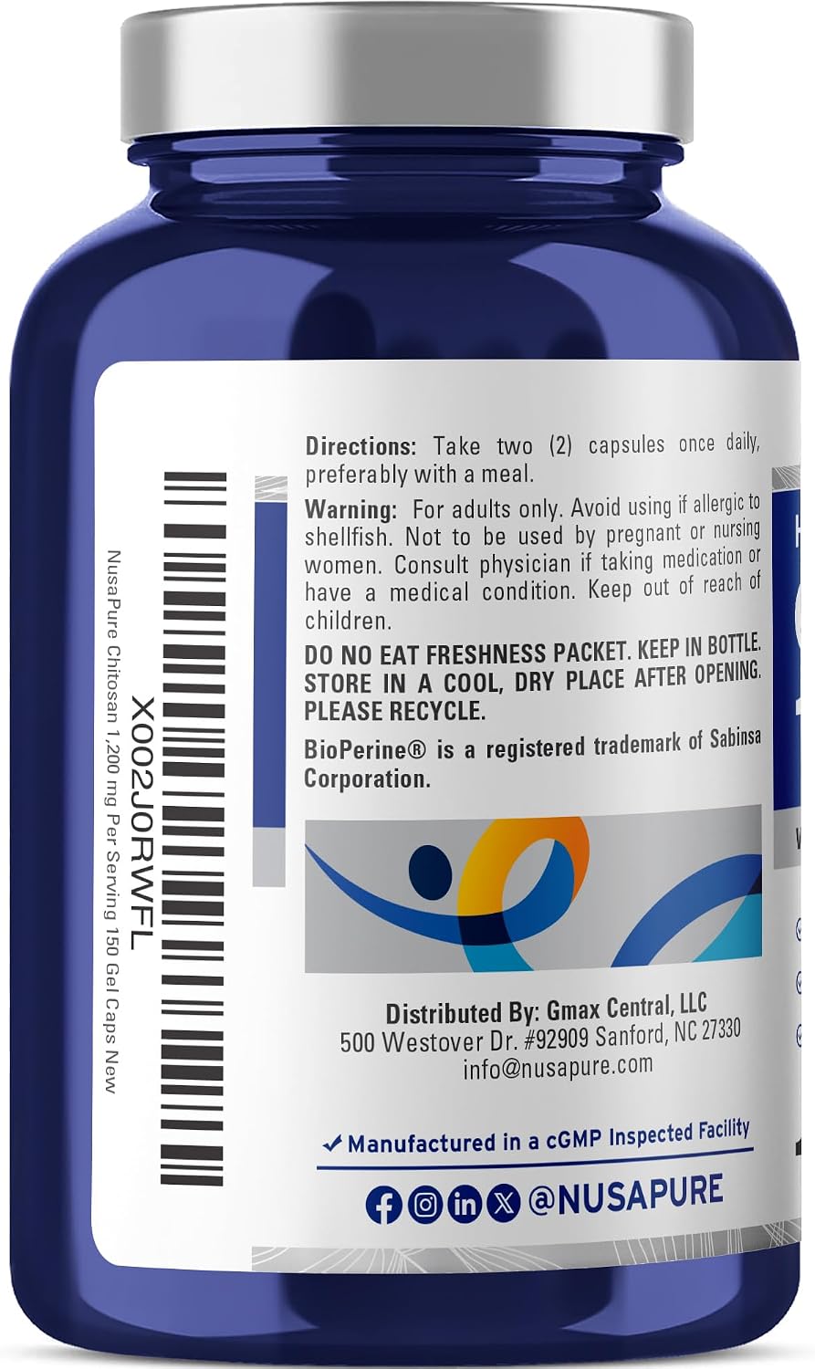 NusaPure Chitosan 1200mg con Bioperine - 150 Cápsulas - Sin OGM y Sin Soja