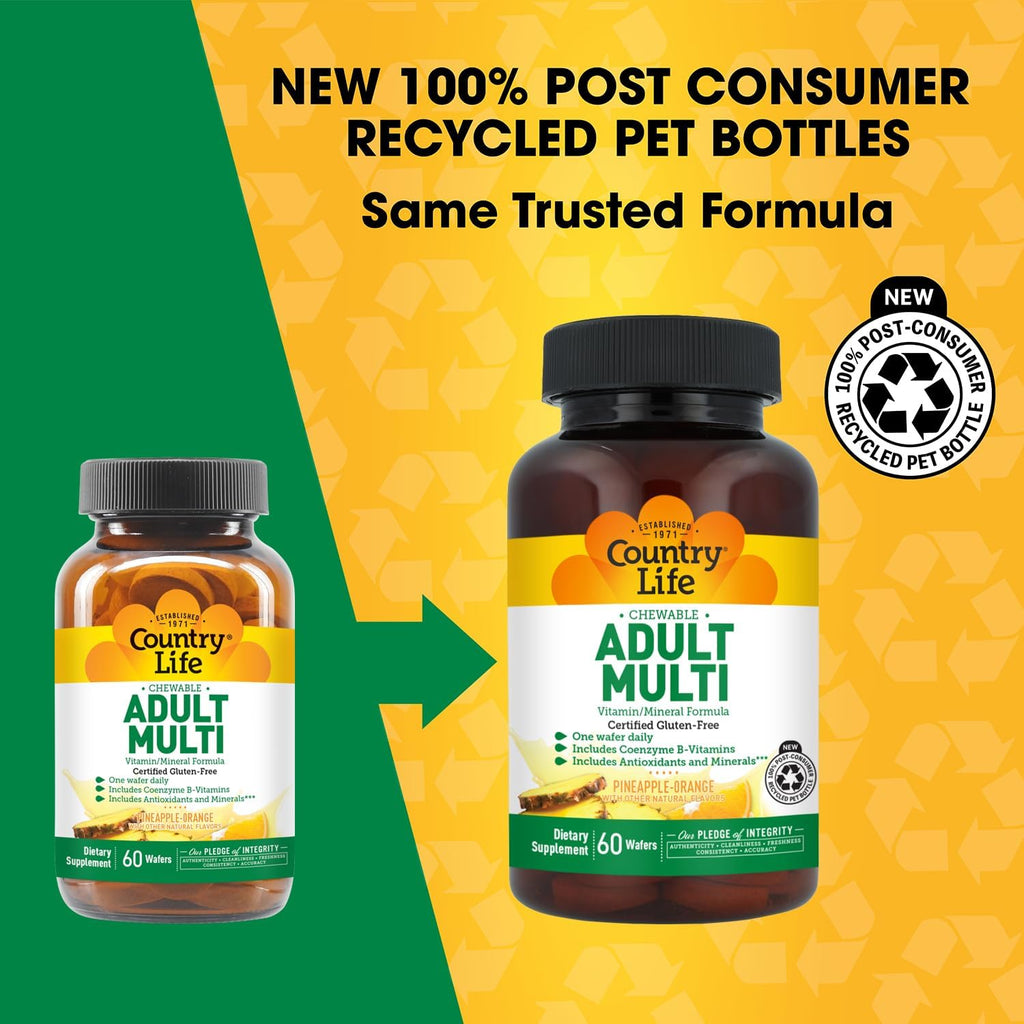 Country Life Multivitamínico Masticable Adultos con Vitaminas B Coenzimáticas, Antioxidantes y Minerales - Sabor Piña-Naranja - 60 Wafers