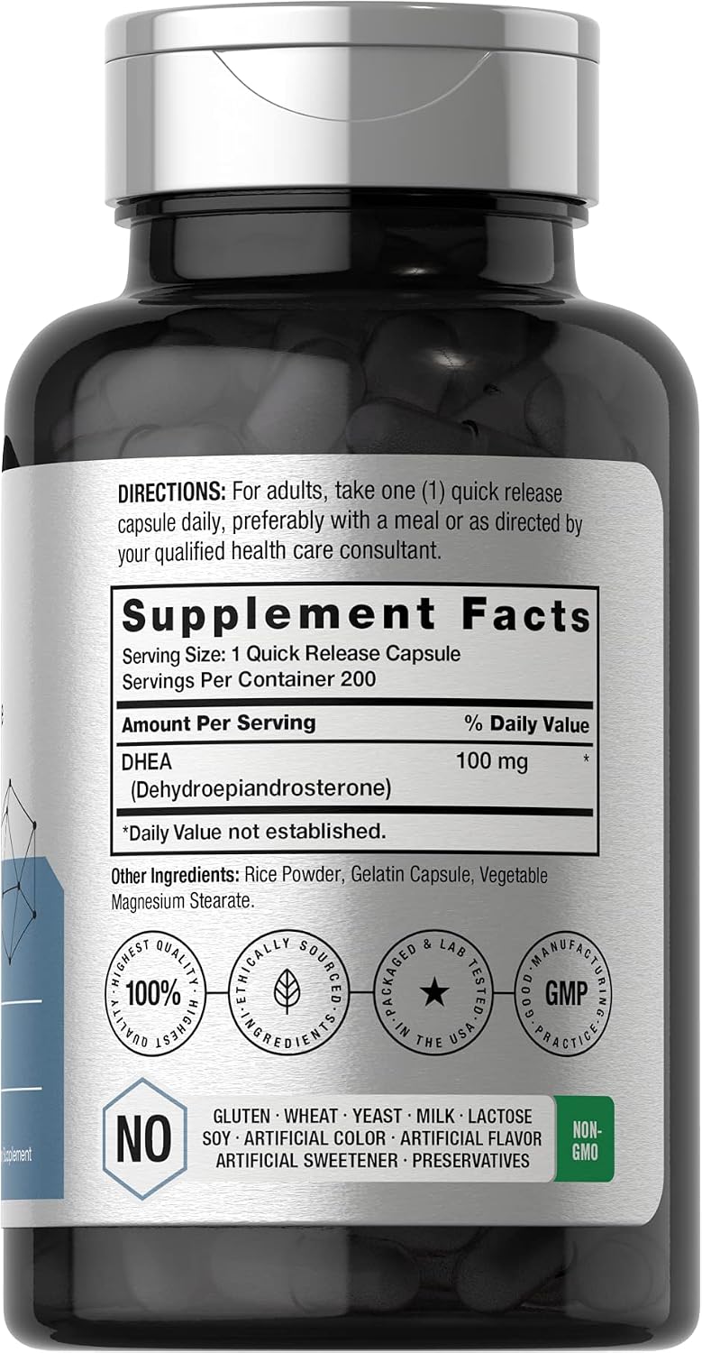 Horbäach DHEA 100mg | 200 Cápsulas | Suplemento para Hombres y Mujeres | No OGM, Sin Gluten