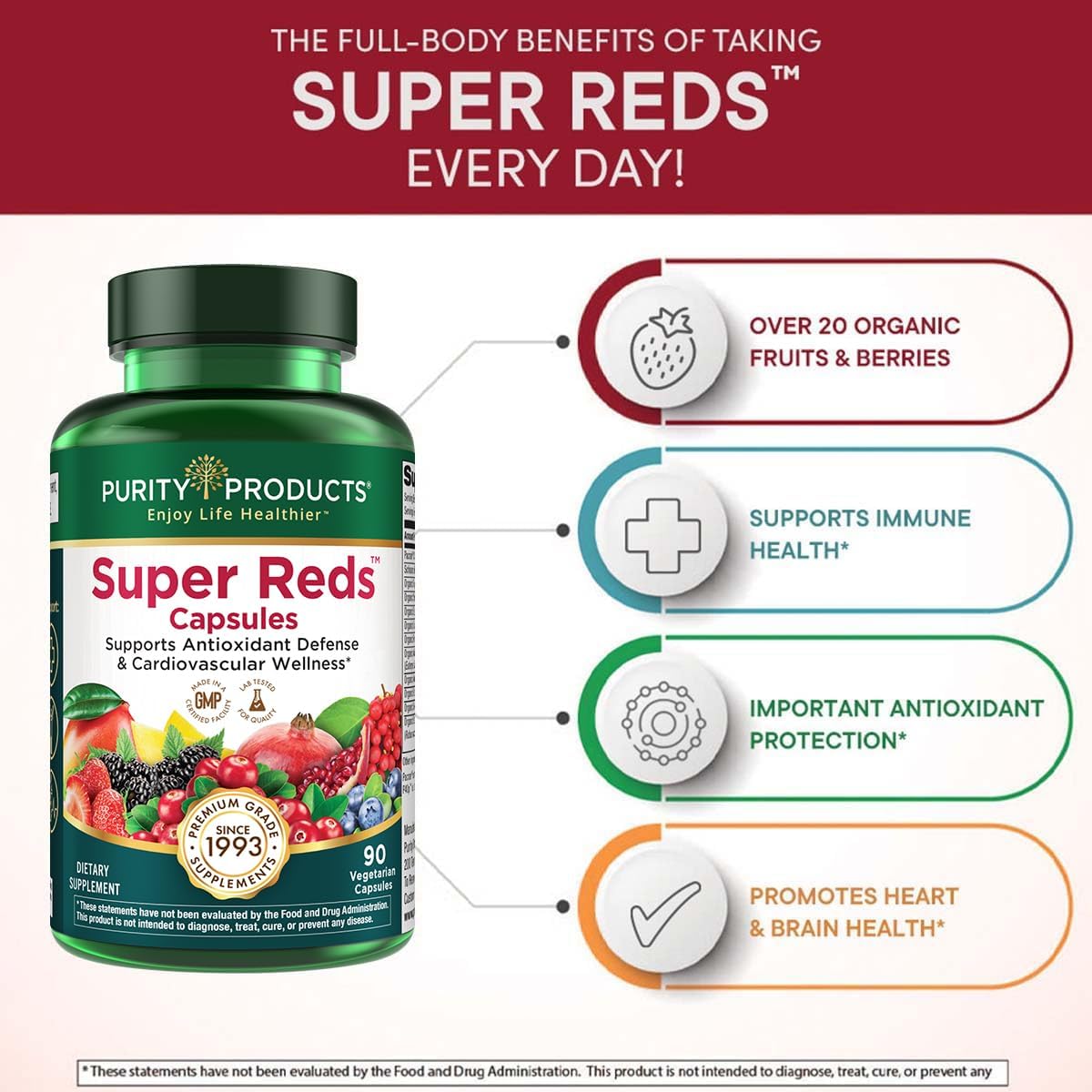Purity Products Super Reds Cápsulas - Fórmula con 20+ Superfrutas y Bayas Orgánicas, 90 Cápsulas