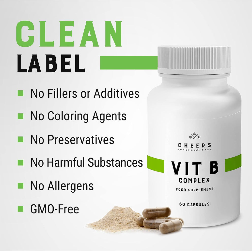 CHEERS Complejo B | 113,5 mg de Vitaminas B (B1, B2, B3, B6, B12) + Inositol y Colina | DRcaps® Plus | 60 Cápsulas Veganas
