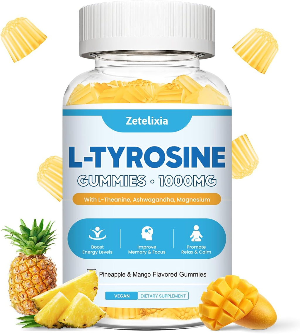 Gominolas de L-Tirosina 10-en-1, 2 Paquetes - Suplemento de Tirosina con L-Teanina, B6, D3, Zinc - Apoyo Cognitivo, Memoria, Energía y Estado de Ánimo - Sabor Fresa, 120 unidades