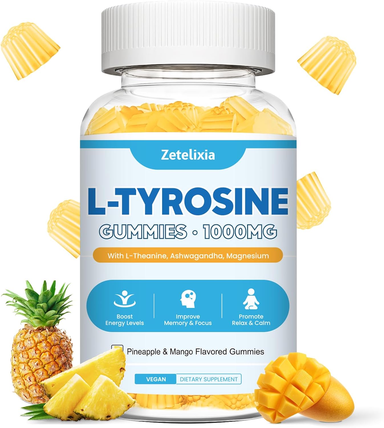 Gominolas de L-Tirosina 10-en-1, 2 Paquetes - Suplemento de Tirosina con L-Teanina, B6, D3, Zinc - Apoyo Cognitivo, Memoria, Energía y Estado de Ánimo - Sabor Fresa, 120 unidades