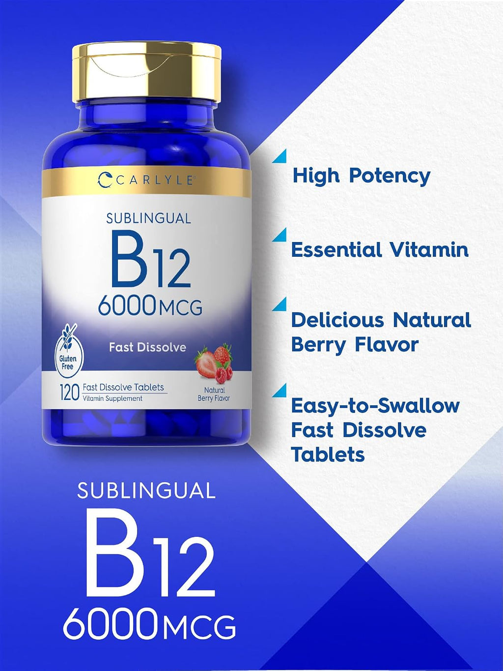 Carlyle Vitamina B-12 6000mcg | 120 Comprimidos de Disolución Rápida | Sabor Natural a Bayas | Cianocobalamina y Metilcobalamina | Vegetariano, No-GMO y Sin Gluten