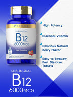 Carlyle Vitamina B-12 6000mcg | 120 Comprimidos de Disolución Rápida | Sabor Natural a Bayas | Cianocobalamina y Metilcobalamina | Vegetariano, No-GMO y Sin Gluten