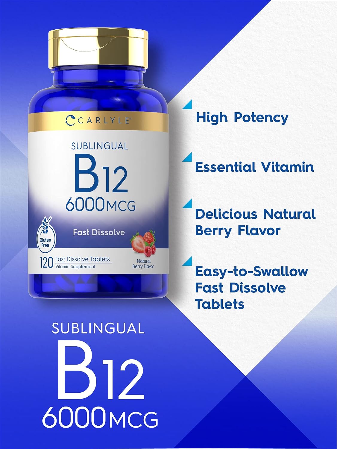 Carlyle Vitamina B-12 6000mcg | 120 Comprimidos de Disolución Rápida | Sabor Natural a Bayas | Cianocobalamina y Metilcobalamina | Vegetariano, No-GMO y Sin Gluten
