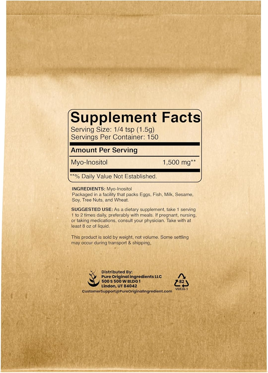 Pure Original Ingredients Inositol (Vitamina B8) en Polvo - 227 g (8 oz) - Puro, sin rellenos ni aditivos, verificado en laboratorio