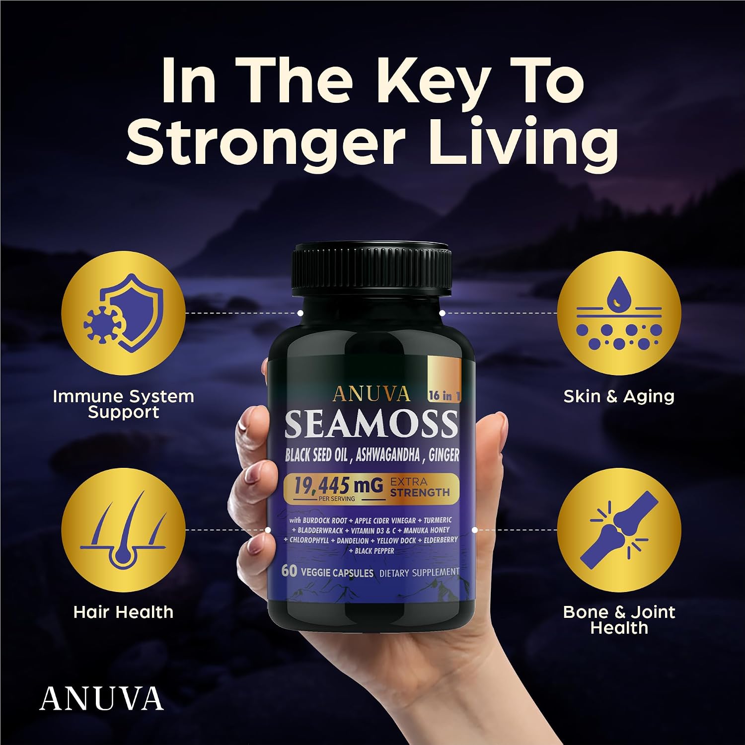 Anuva 16 en 1 Cápsulas de Sea Moss con Aceite de Semilla Negra, Ashwagandha, Vitamina C, D3, Cúrcuma, Bardana y Minerales - 60 Cápsulas Veganas