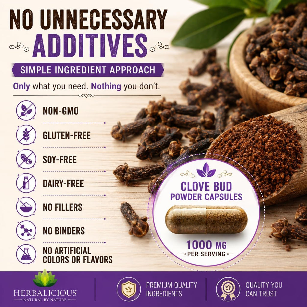 Cápsulas de Clavo - Suplemento Natural - Rico en Vitaminas, Minerales, Manganeso, Fibra - Puede Ayudar a la Digestión y Fortalecer los Huesos - 100 Cápsulas