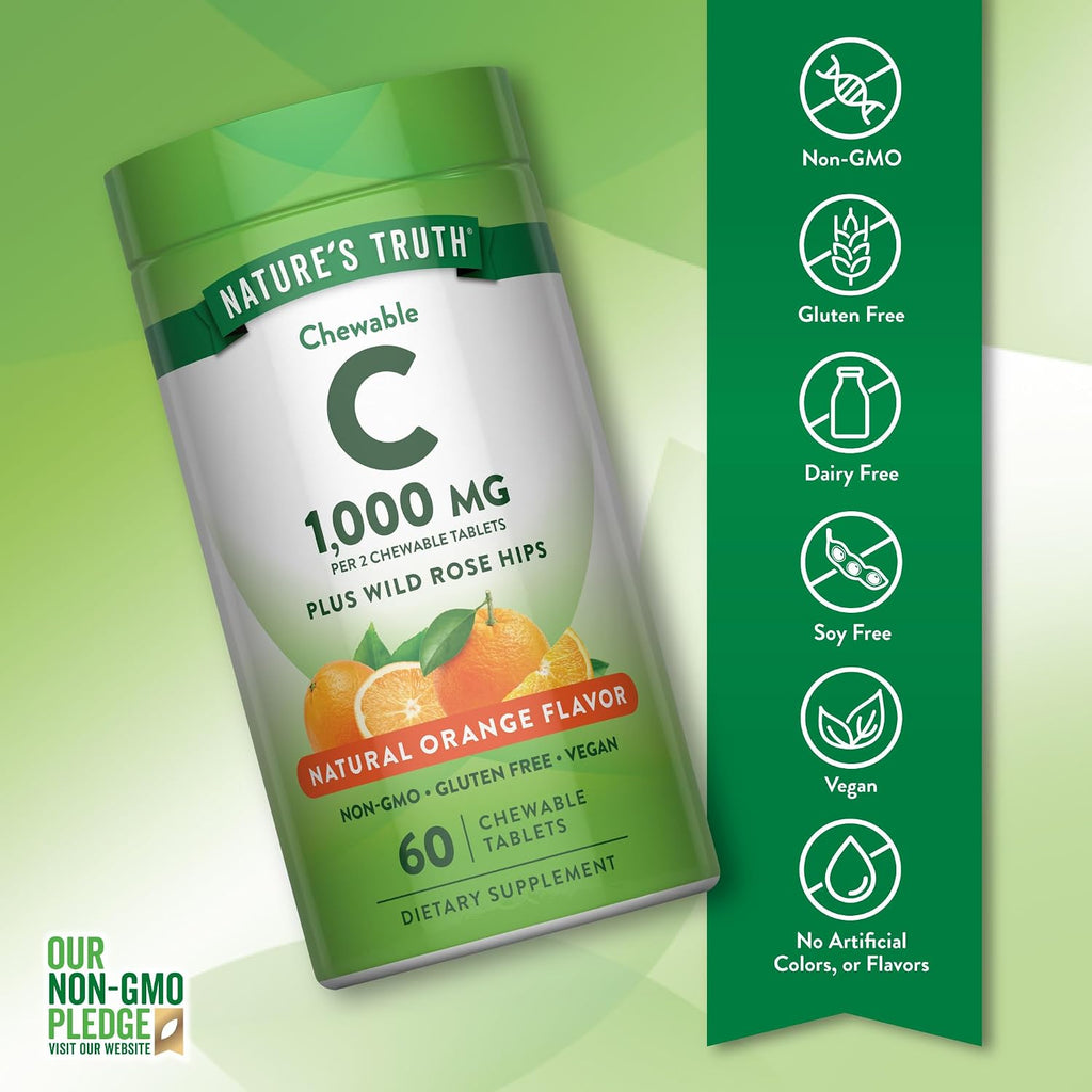 Nature's Truth Chewable Vitamin C with Rose Hips | 1000 mg | 60 Tablets | Vegan, Non-GMO and Gluten-Free