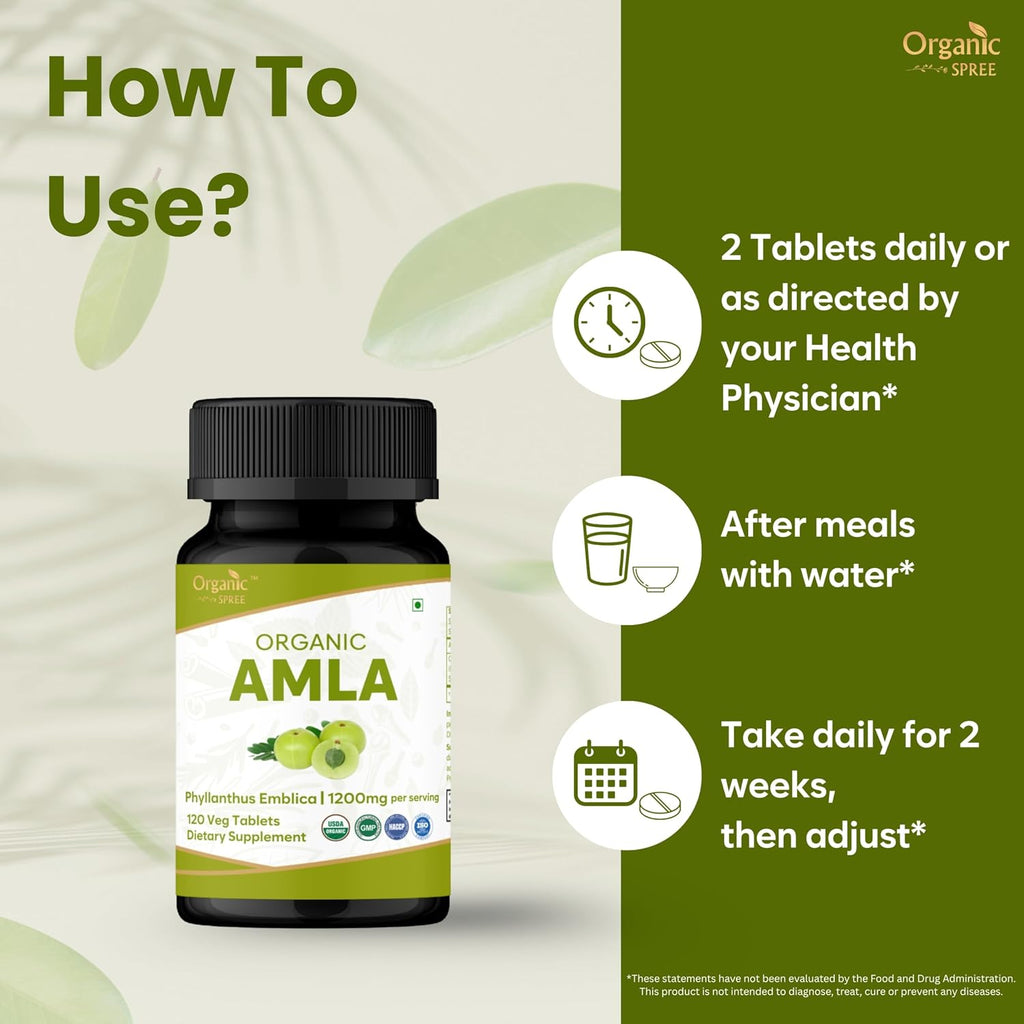 ORGANIC SPREE Tabletas de Amla Orgánico - 1200 mg por dosis - Grosella Espinosa India, Suplemento Rico en Vitamina C, Apoya el Sistema Inmunitario, 120 Tabletas