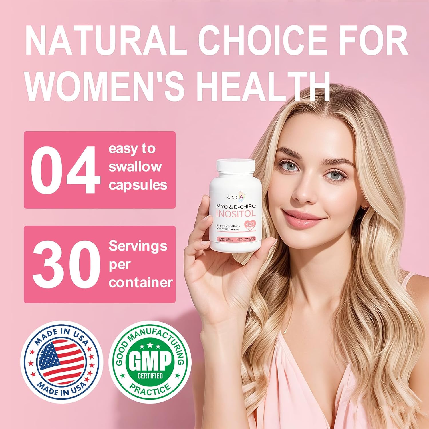 RUNICA Myo-Inositol y D-Chiro Inositol (Proporción 40:1) - 240 Cápsulas, Pack para 60 Días