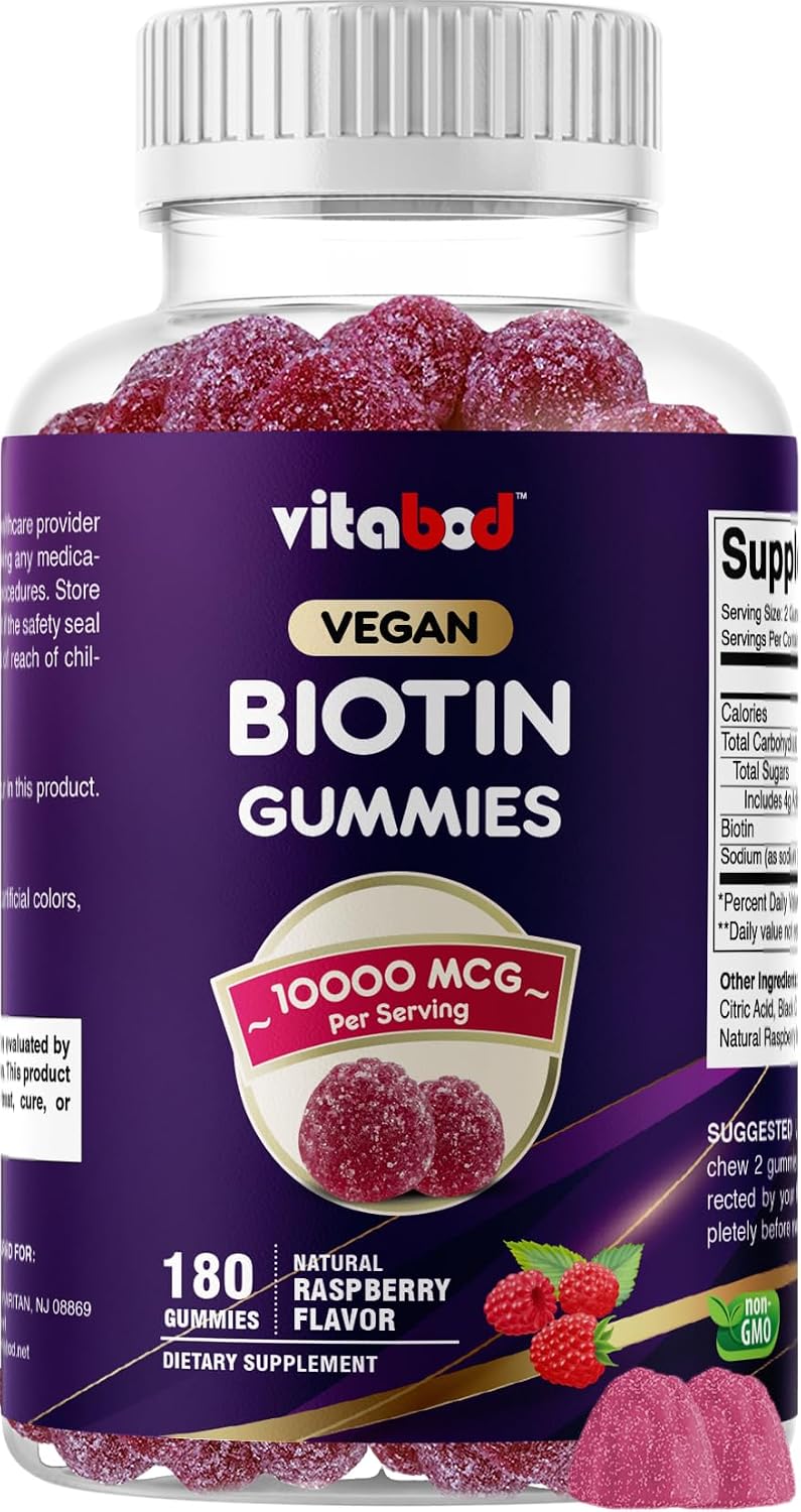 Vitabod Gominolas de Biotina 10,000 mcg – 180 Gominolas Veganas para Cabello, Piel y Uñas – Sin OGM, Sin Gluten, Sabor Frambuesa