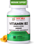 Vitamina B2 Riboflavina 400mg con Magnesio – 60 Cápsulas Veganas para el Alivio de Migrañas