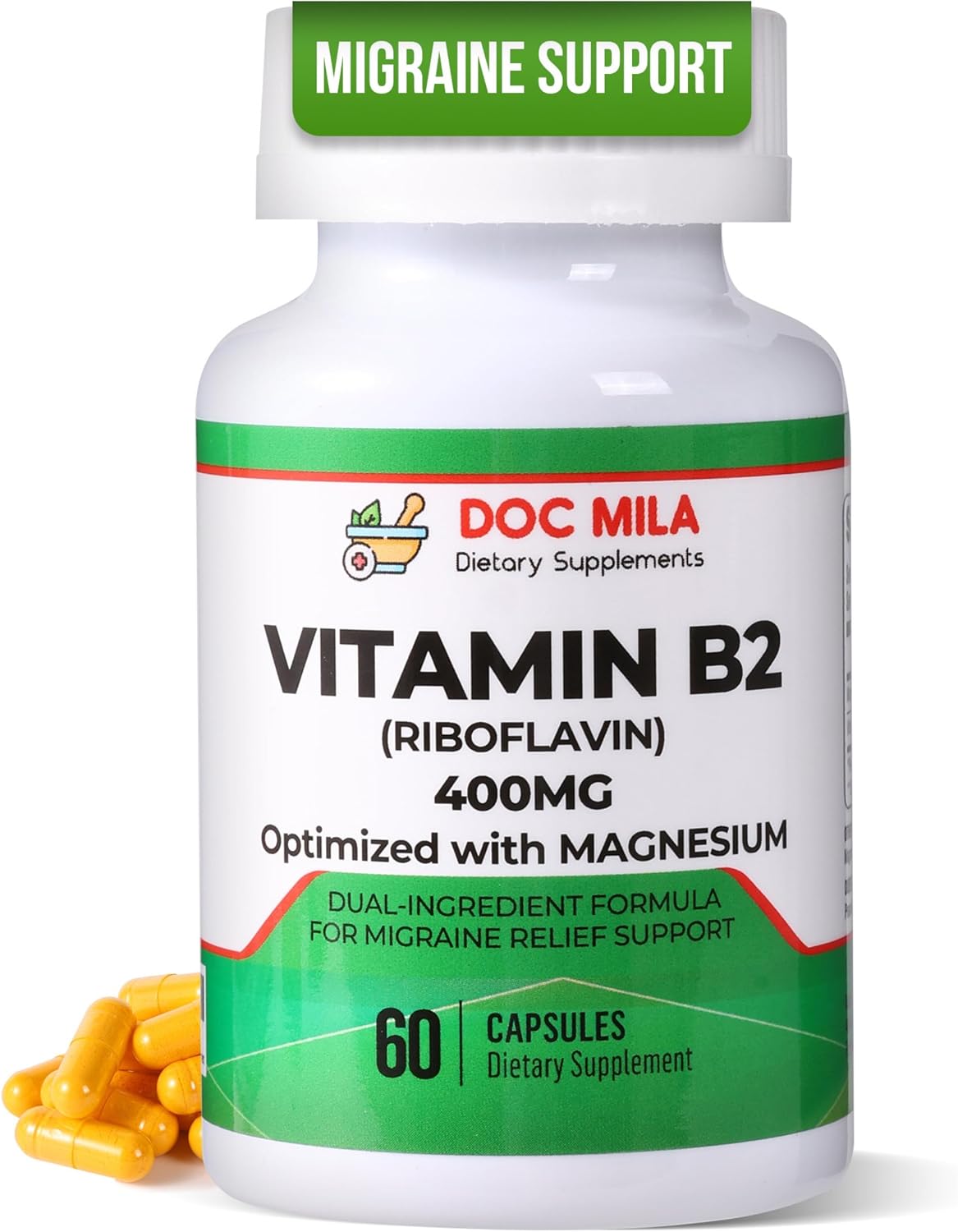 Vitamina B2 Riboflavina 400mg con Magnesio – 60 Cápsulas Veganas para el Alivio de Migrañas