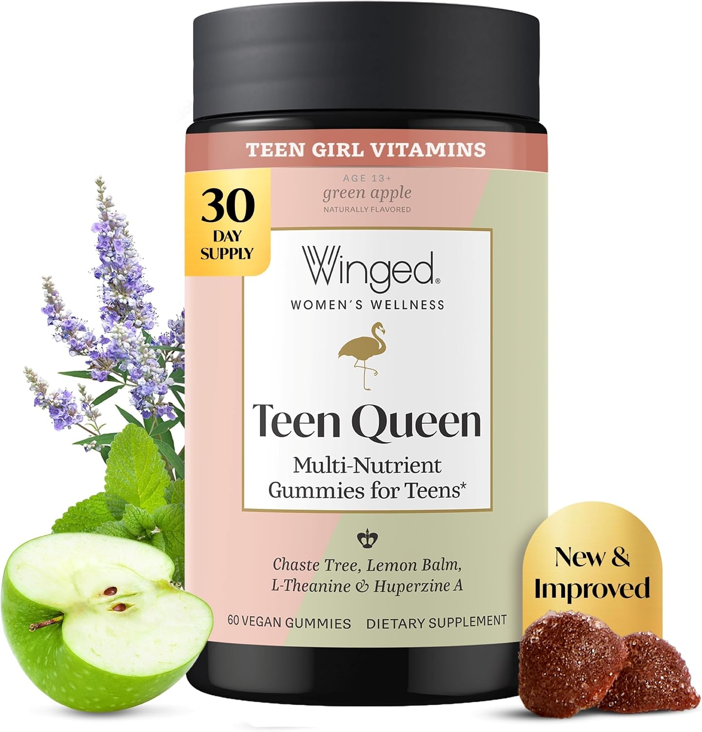 Winged Wellness Multivitamin Gummies para Adolescentes - Vitaminas para el Estado de Ánimo y Salud Hormonal - Gomitas Veganas con Chaste Tree, Lemon Balm, L-Theanine y Huperzine A - 60 Gomitas