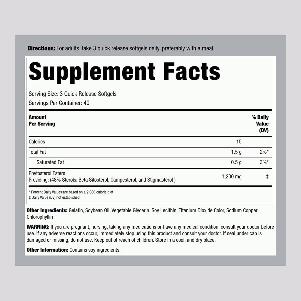 Piping Rock Suplemento de Esteroles Vegetales | 1200 mg | 120 Cápsulas Blandas | con Beta-Sitosterol | Complejo de Fitoesteroles | Sin OGM, Sin Gluten