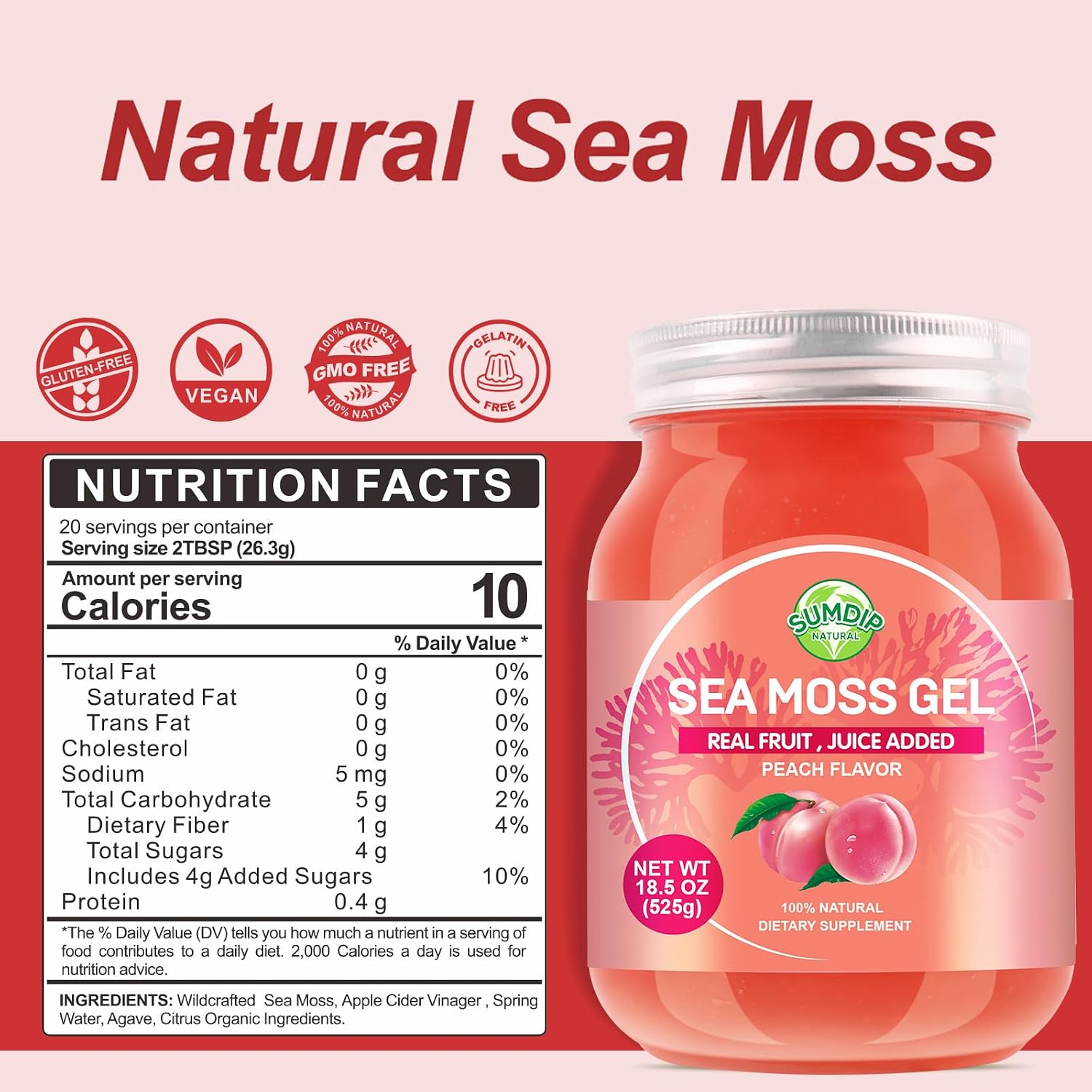 Gel de Musgo Marino 18.5oz - Suplemento Multivitamínico Natural, Sabor Melocotón