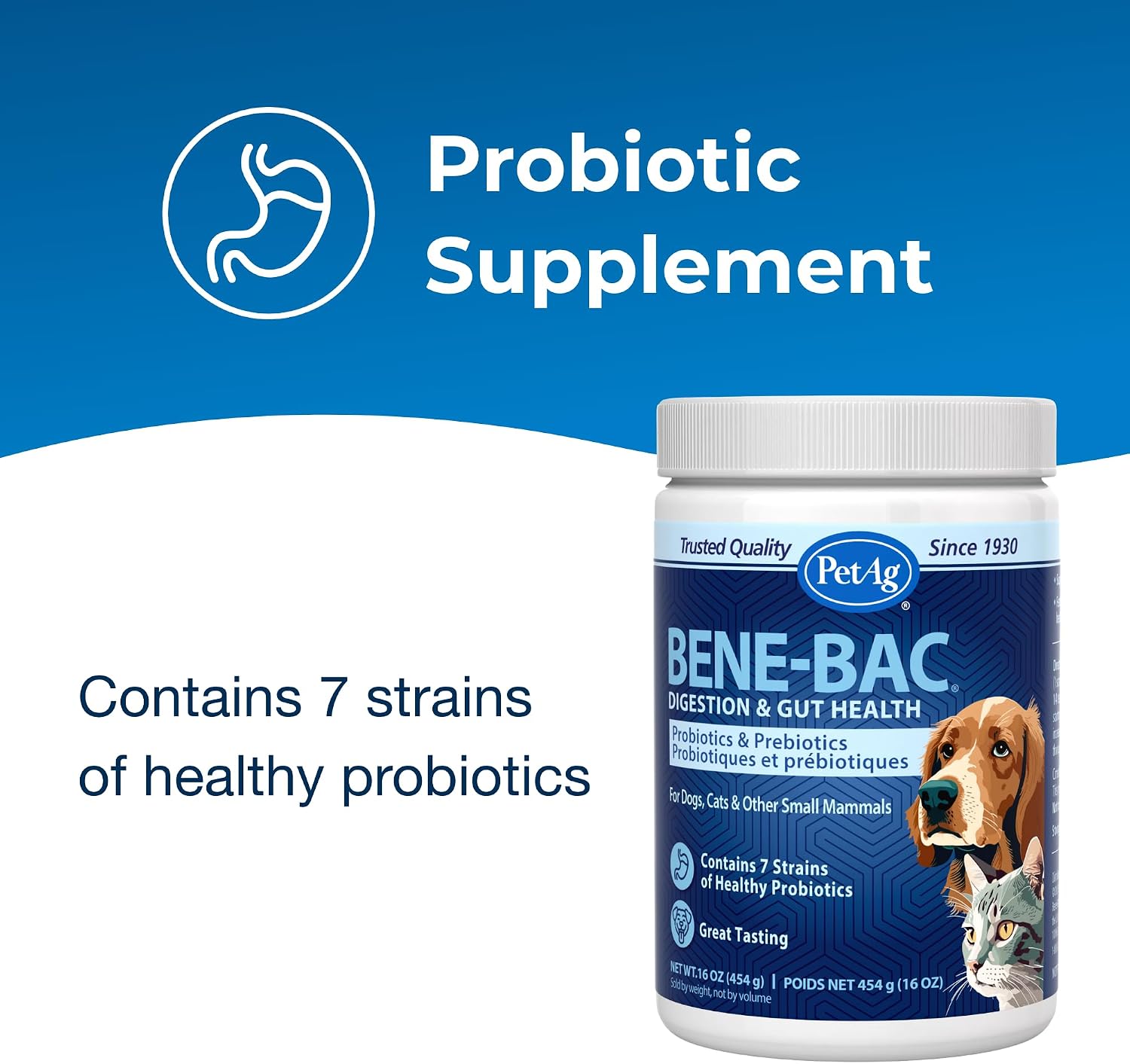 PetAg Bene-Bac Probiotics para perros, gatos y mamíferos - 1 lb (454 g) Polvo