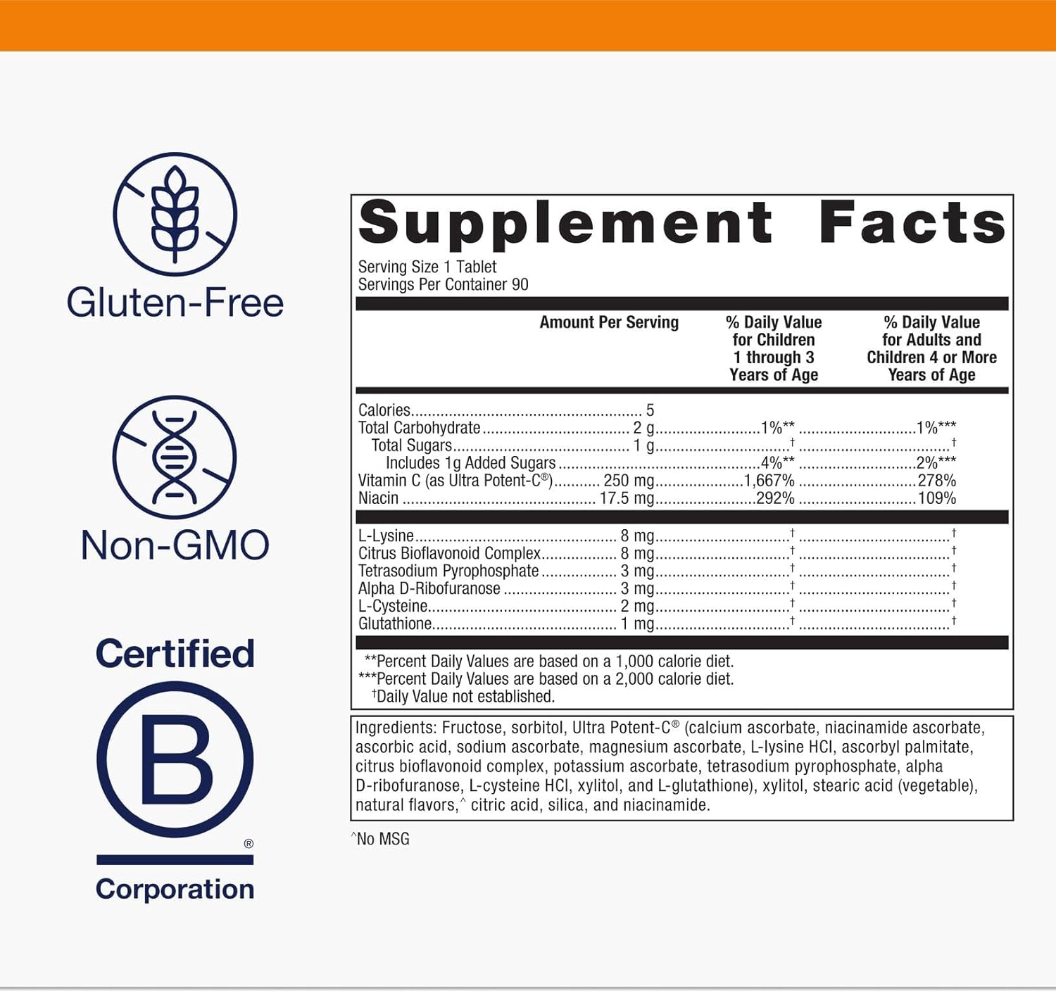 Metagenics Ultra Potent-C Masticable - 250 mg Vitamina C Tamponada con Bioflavonoides, L-Lisina y L-Cisteína - 90 Comprimidos