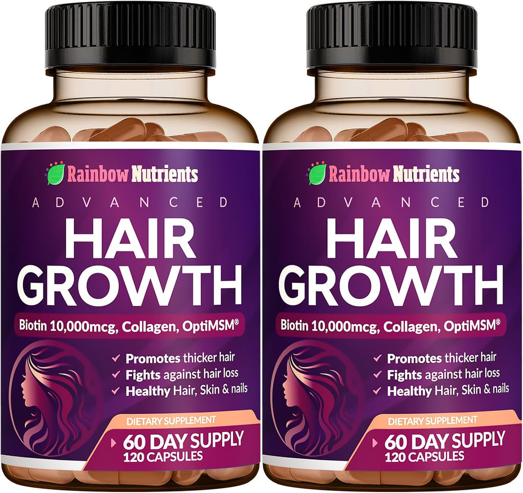 Vitaminas para el Crecimiento del Cabello para Mujeres con Biotina 10.000 mcg, Colágeno, OptiMSM, goMCT y Saw Palmetto - 2 Envases