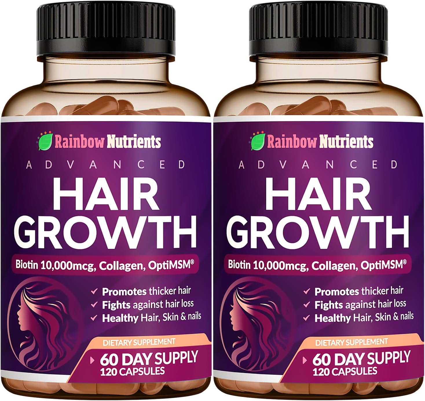 Vitaminas para el Crecimiento del Cabello para Mujeres con Biotina 10.000 mcg, Colágeno, OptiMSM, goMCT y Saw Palmetto - 2 Envases