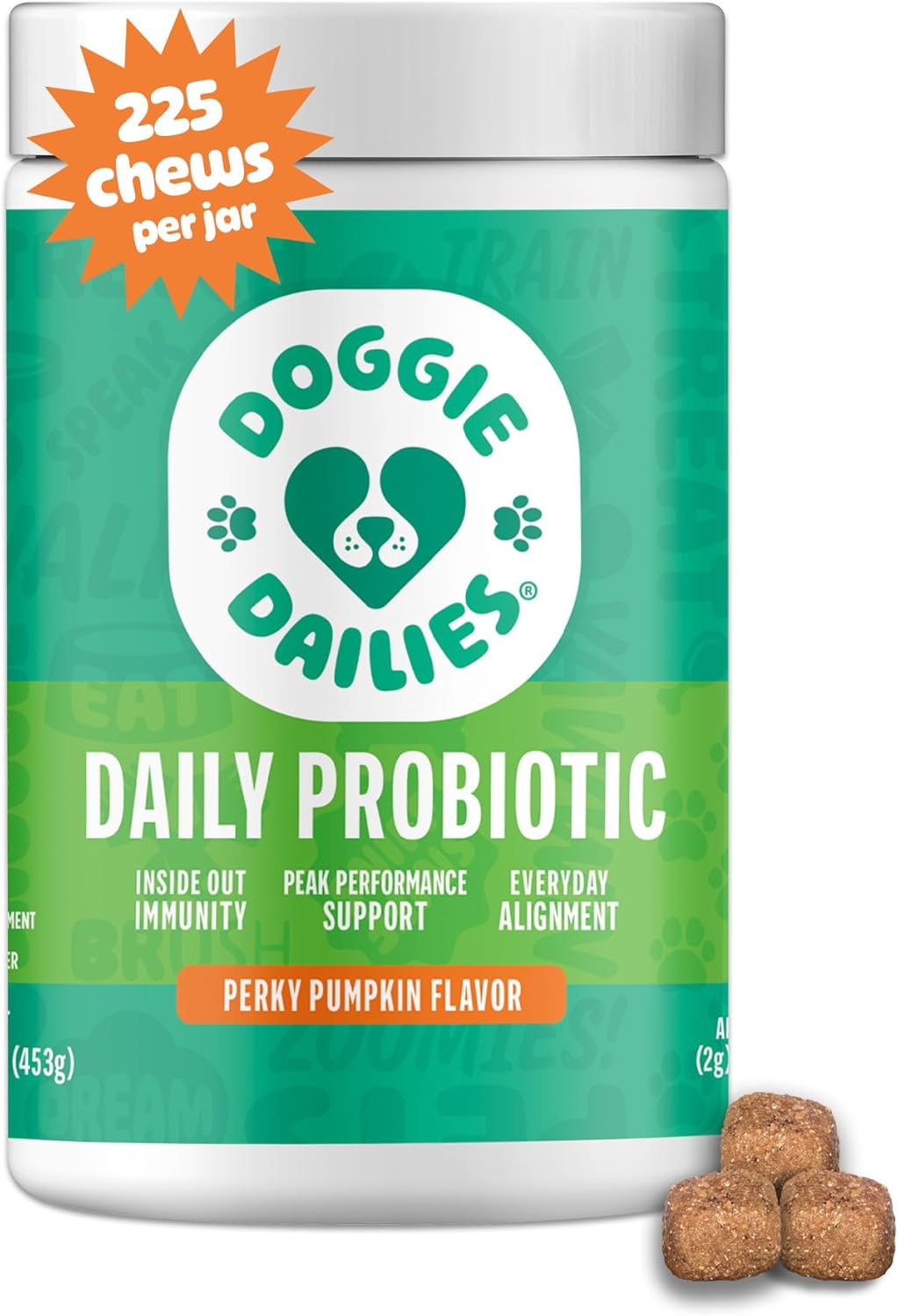Doggie Dailies Probióticos para Perros con Prebióticos - 225 Masticables Blandos Sabor Calabaza