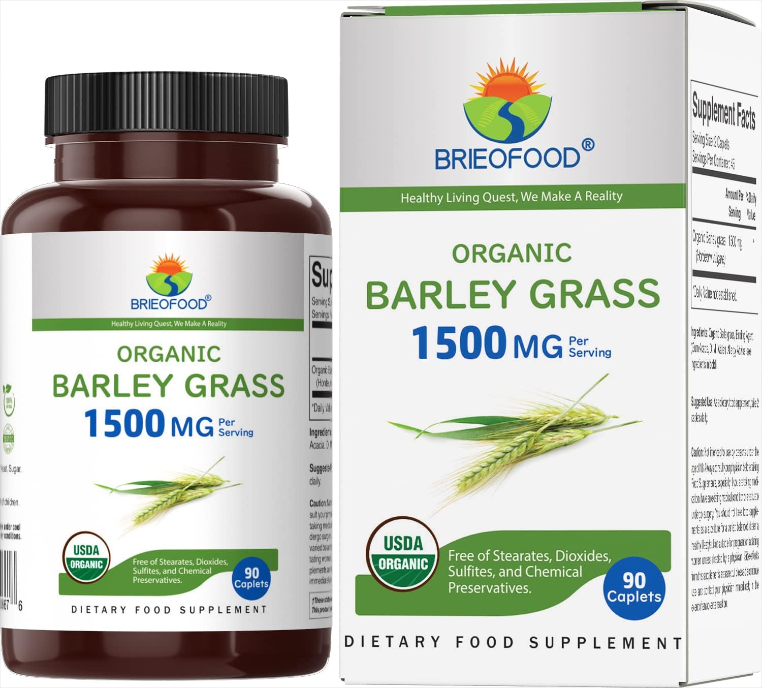 Brieofood Césped de Cebada Orgánico 1500mg, 90 Comprimidos Vegetarianos
