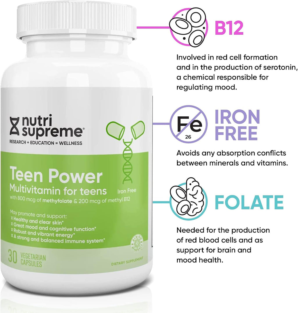 Multivitamínico para Adolescentes Nutri Supreme – Vitaminas para Chicos y Chicas de 12 a 17 Años, Fórmula Completa con Vitaminas C, D, E y Complejo B, 30 Cápsulas