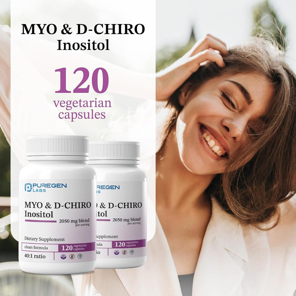 Puregen Labs Inositol Supplement | Myo Inositol & D-Chiro Inositol 2050mg - 240 Cápsulas Vegetales (2 Pack)