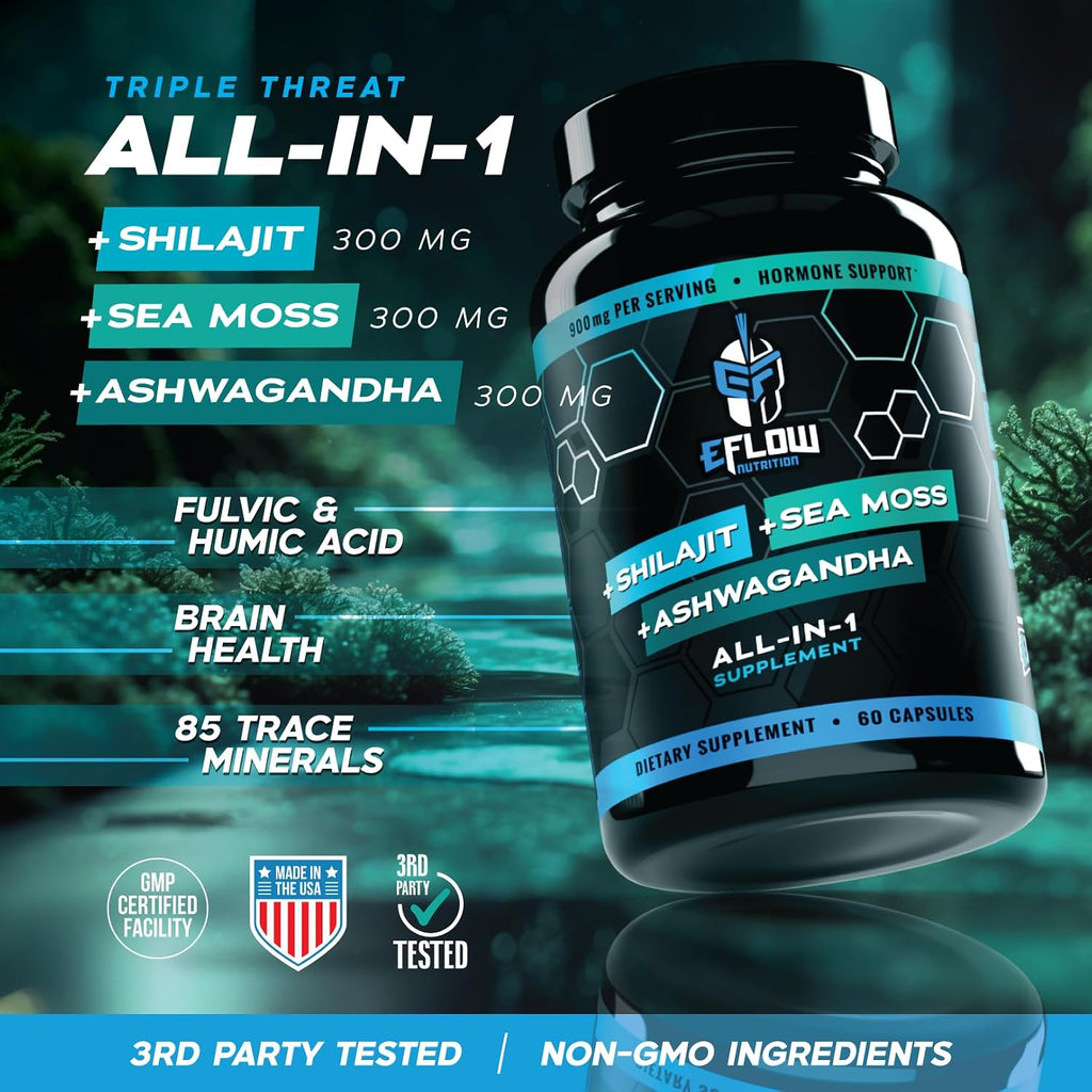 eFlow Nutrition Shilajit Cápsulas, Ashwagandha y Sea Moss - 3 en 1 - 60 Cápsulas