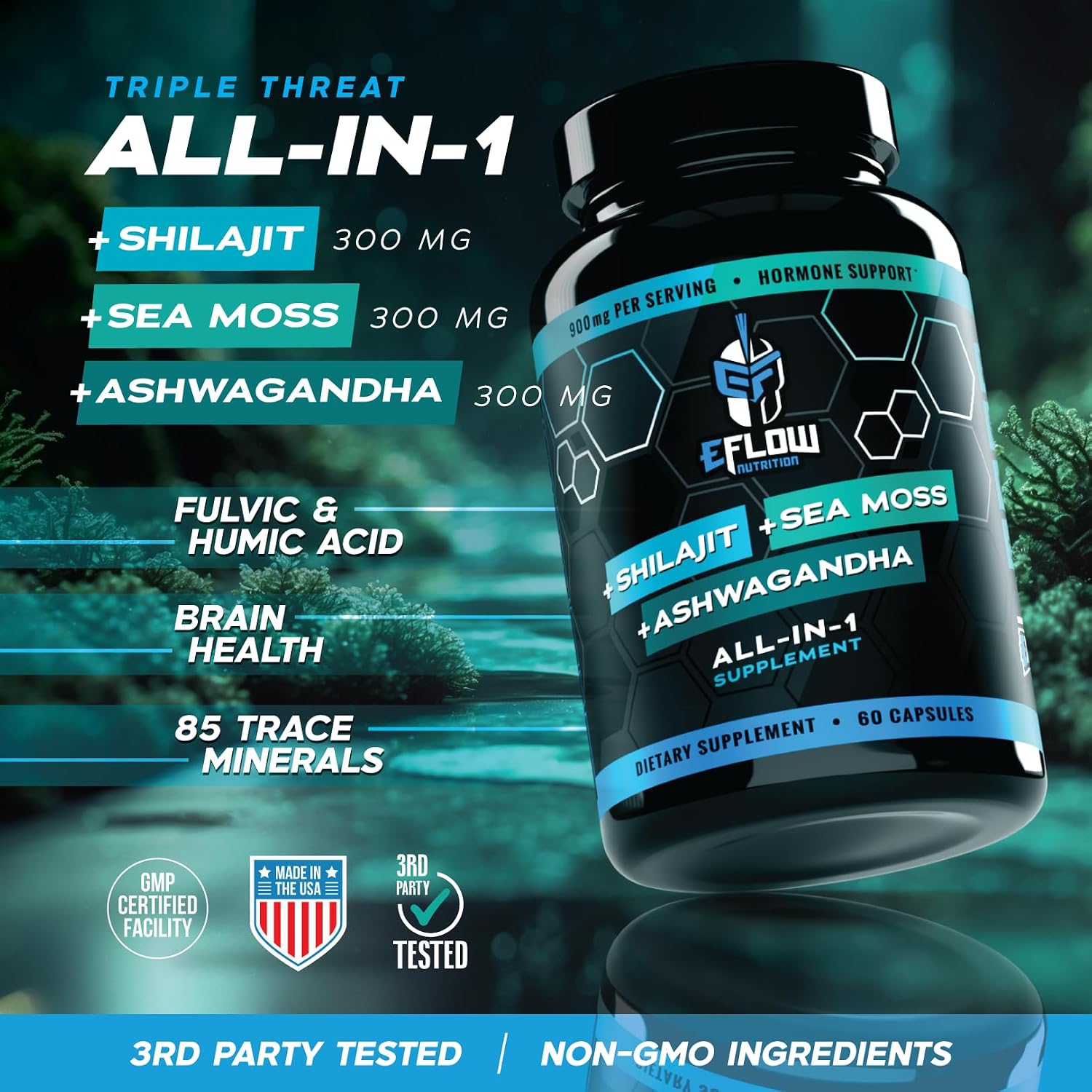 eFlow Nutrition Shilajit Cápsulas, Ashwagandha y Sea Moss - 3 en 1 - 60 Cápsulas