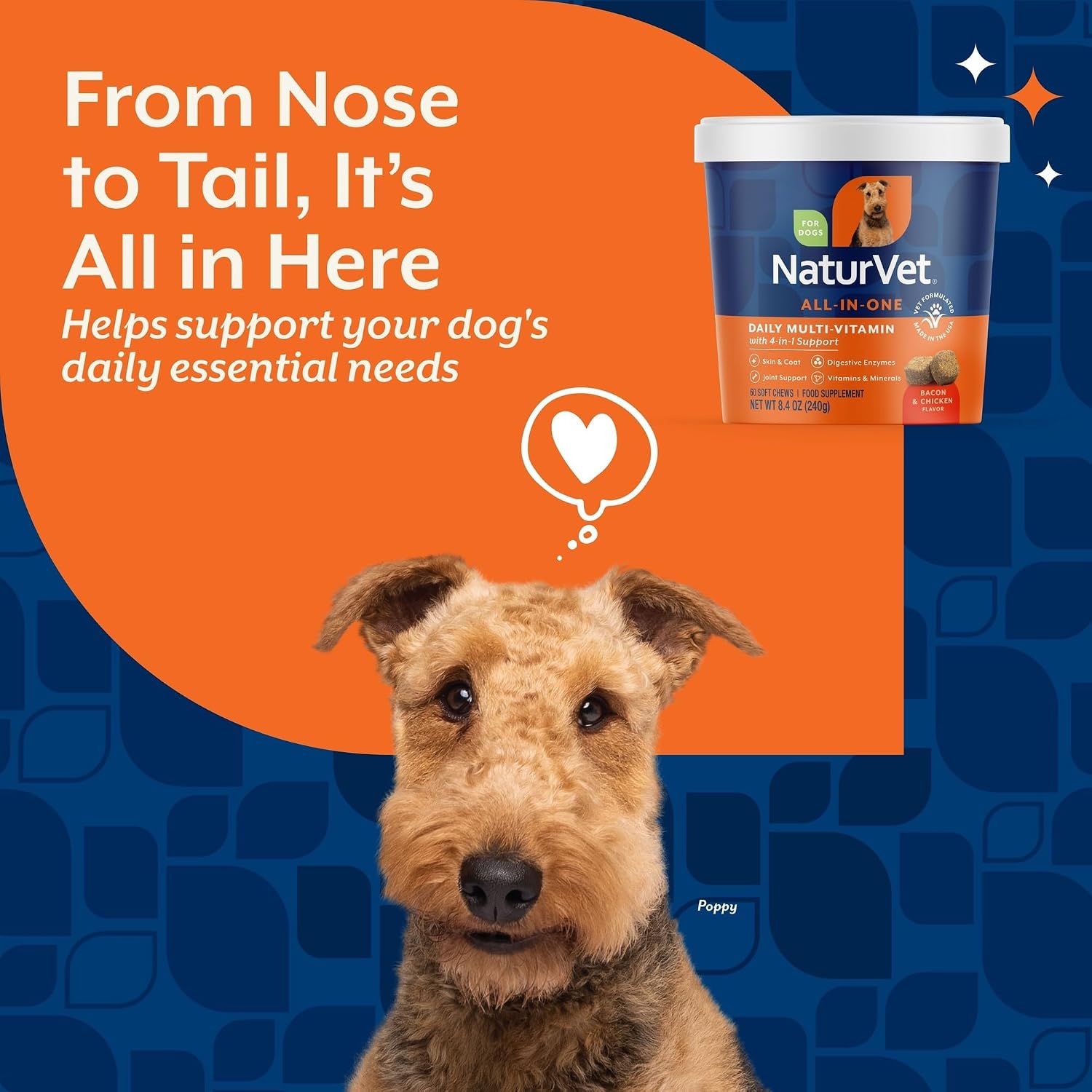 NaturVet Suplemento Todo en Uno para Perros - Articulaciones, Digestión, Piel y Pelaje - Multivitamínico con Minerales, Omega 3, 6, 9 - 60 Masticables Blandos