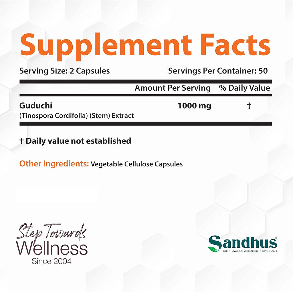 Sandhu's Guduchi (Tinospora Cordifolia) Giloy - 100 Cápsulas Vegetales - 1000 mg por Ración