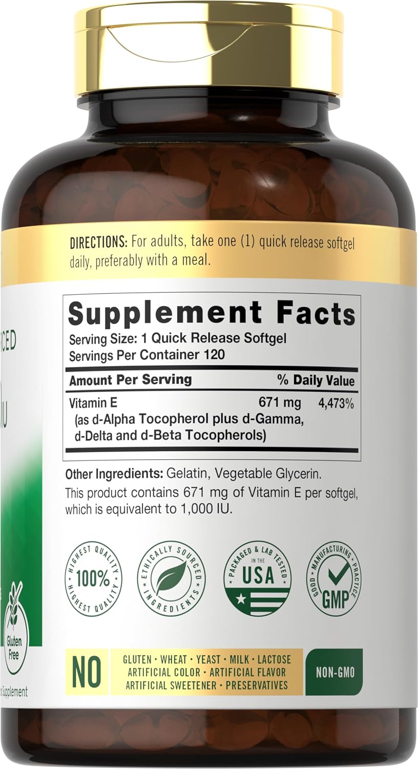 Carlyle Vitamina E 1000 UI con Tocoferoles Mixtos, 120 Cápsulas Blandas