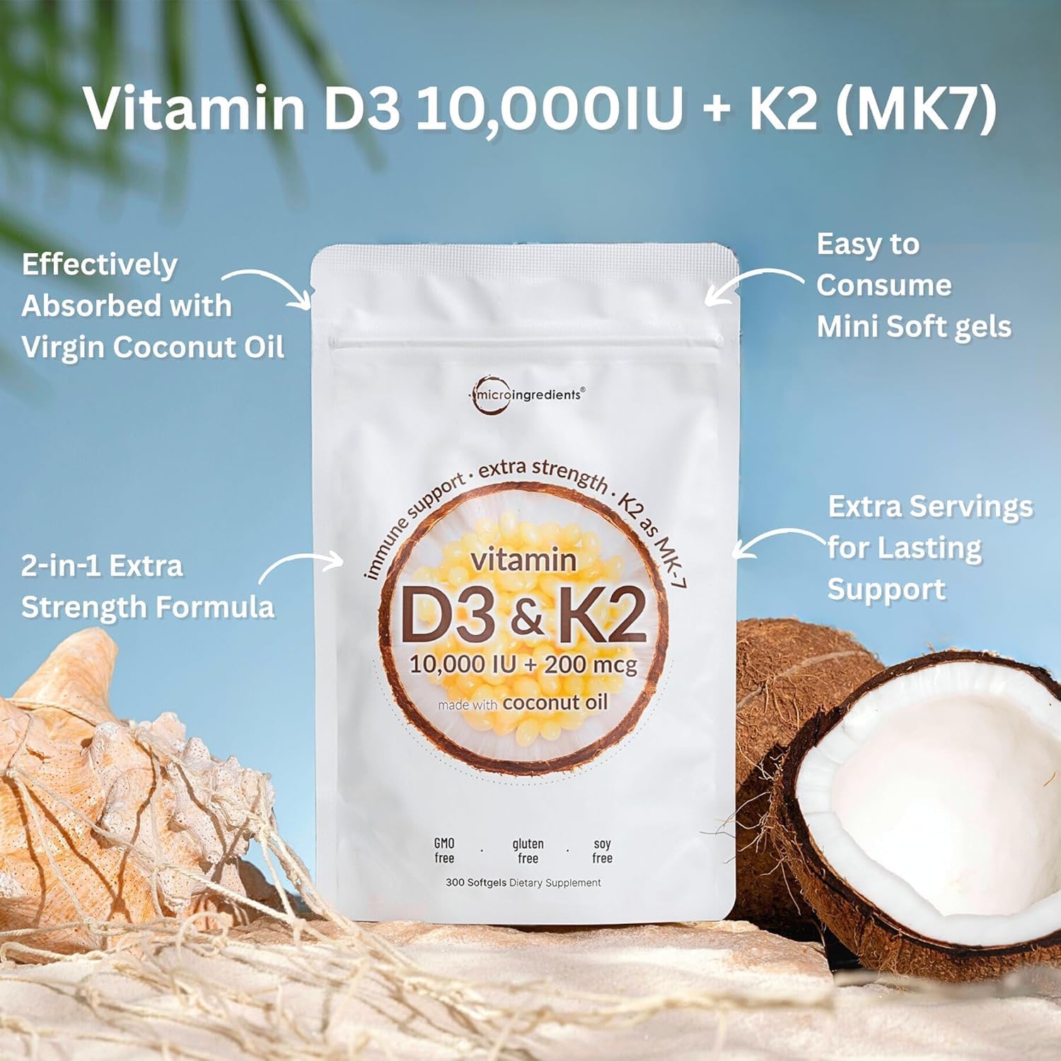 Micro Ingredients Vitamina D3 10000 UI + K2 MK-7 200 mcg, 300 Cápsulas Blandas