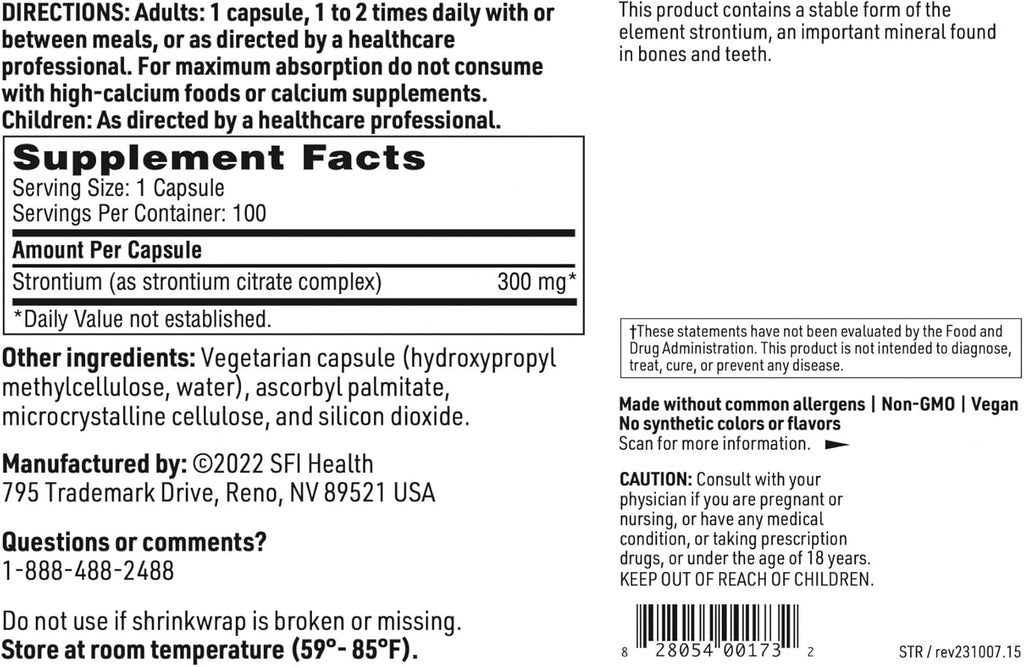 Klaire Labs SFI Health Estroncio - 300 mg Citrato de Estroncio, 100 Cápsulas Vegetales Hipoalergénicas