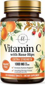 Vitamina C 1000mg con Escaramujo y Bioflavonoides - Suplemento Masticable Sin Azúcar - 60 Comprimidos