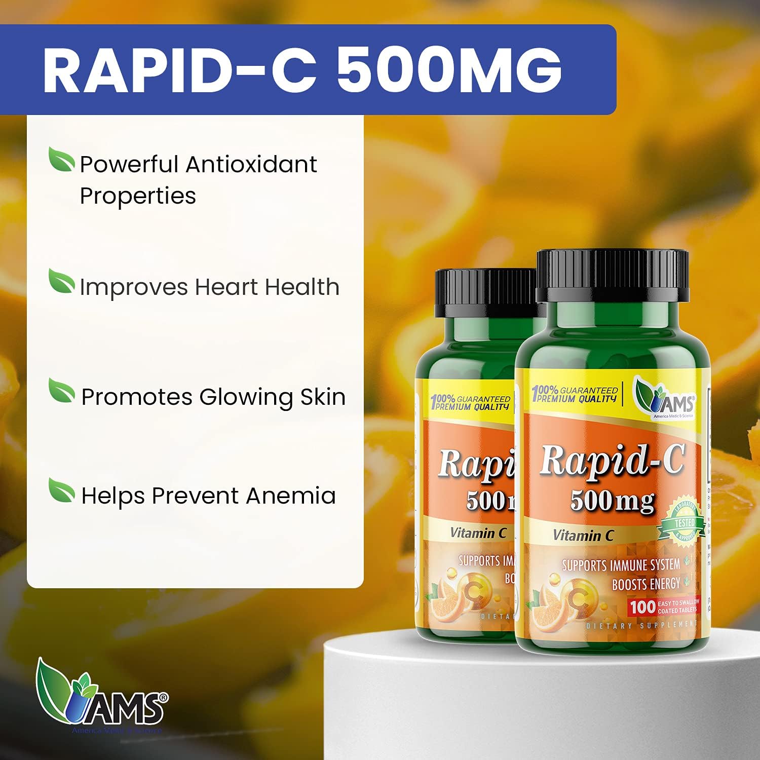 Rapid-C 500mg Vitamina C (2 Paquetes de 100 Comprimidos) - América Medic & Science