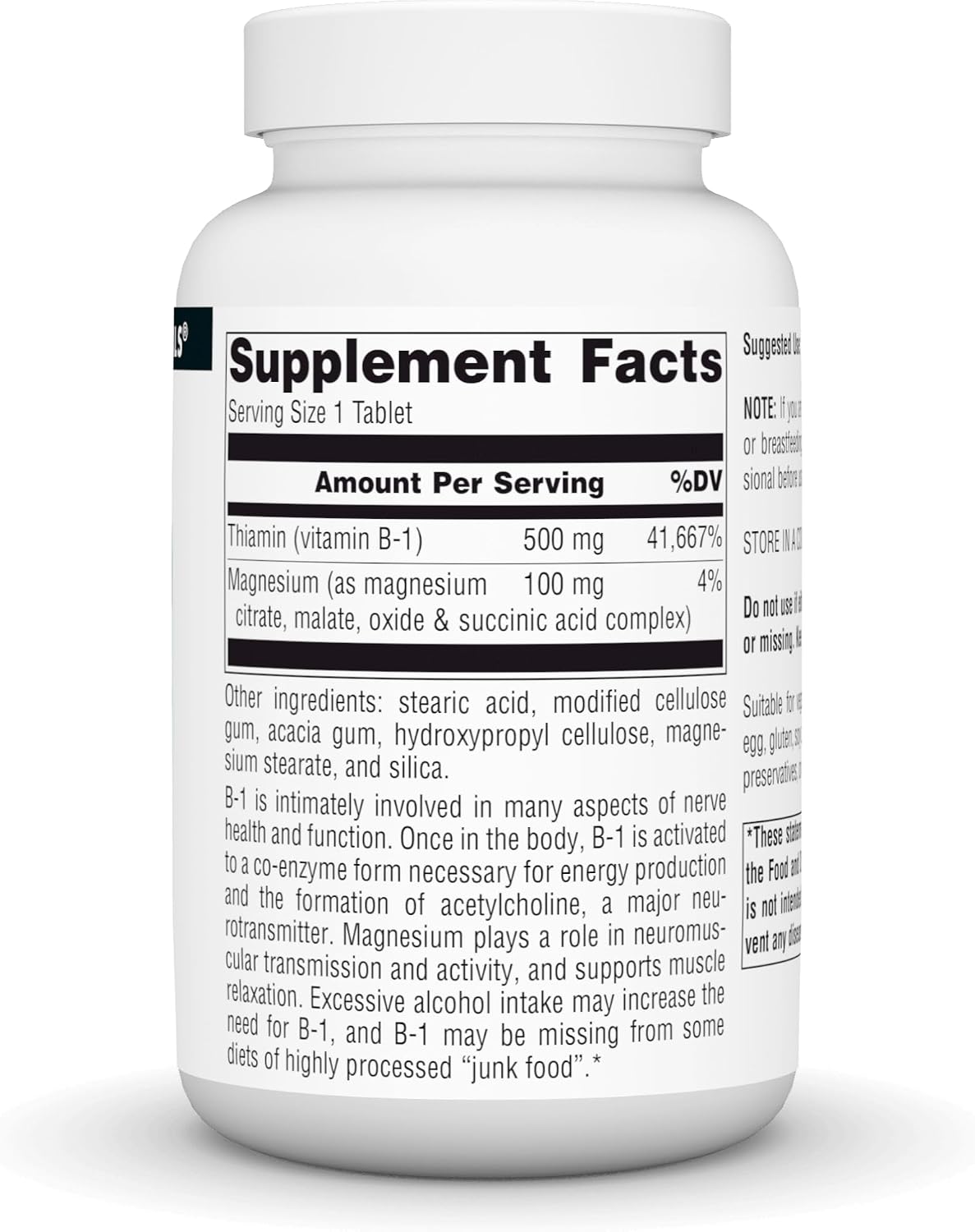 Source Naturals Vitamina B-1 Tiamina 500mg Alta Potencia, 100% Pura - 100 Comprimidos