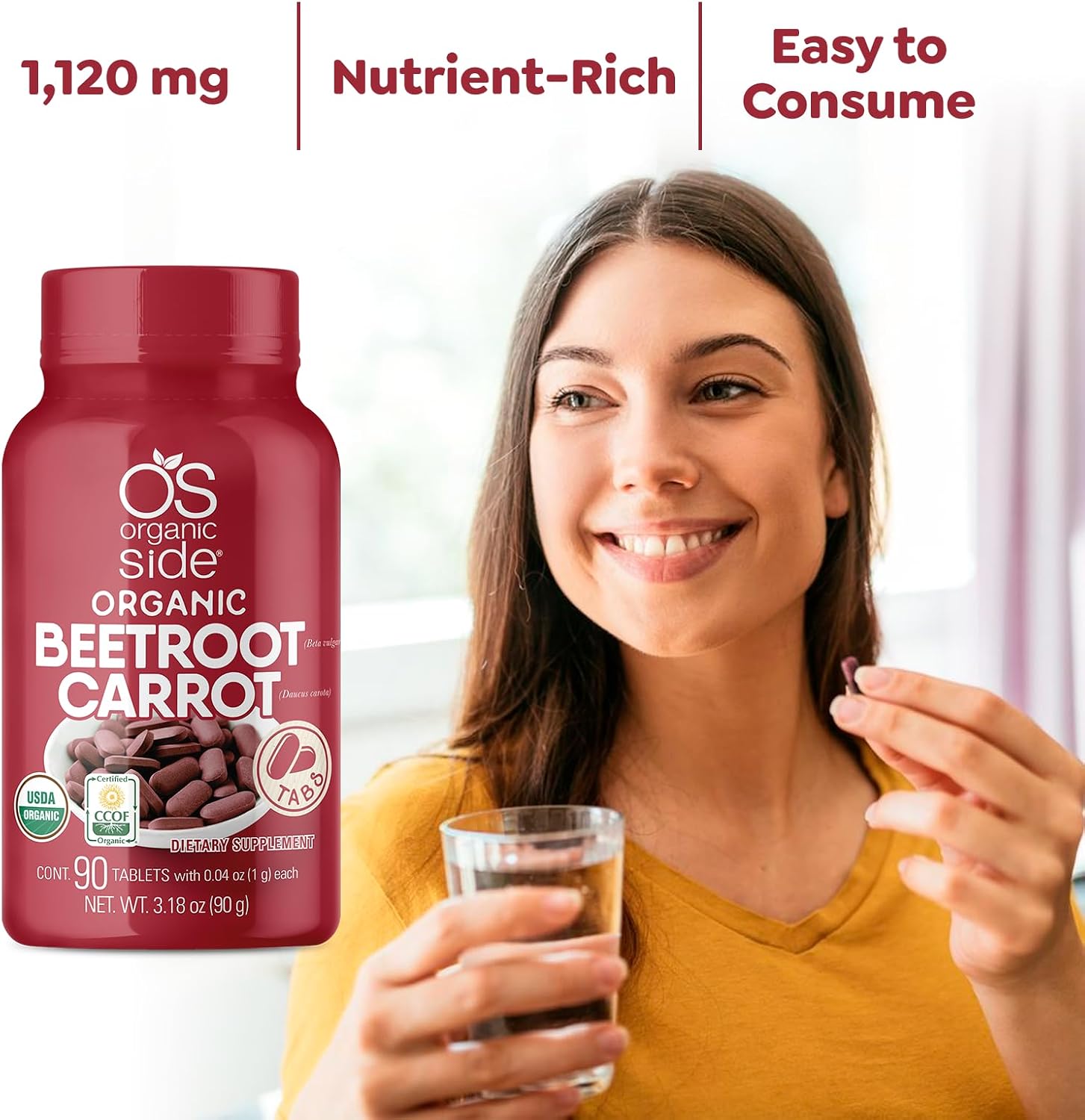 OS Organic Side Comprimidos de Remolacha y Zanahoria Orgánicos | 90 Comprimidos | 1120 mg | Certificado USDA | No-GMO, Vegano