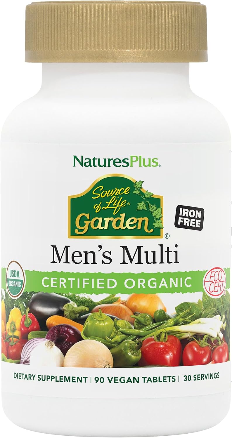 NaturesPlus Source of Life Garden Multivitamínico para Hombres - 90 Comprimidos - Ayuda a Mantener la Energía y el Sistema Inmunológico - Certificado Orgánico USDA, Sin OGM, Vegano, Sin Gluten, Sin Hierro - 30 Dosis