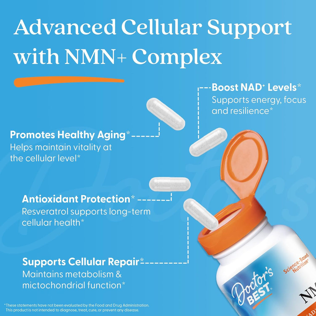Doctor's Best NMN+ Complex - Suplemento con NMN, Resveratrol, Rodiola y Ginseng - 60 Cápsulas Veganas